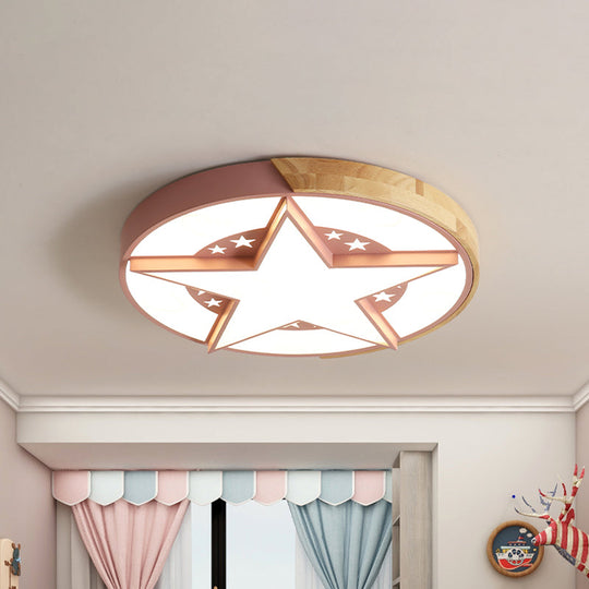 Round Metal Led Macaron Flush Mount Ceiling Light In White/Pink/Blue And Wood For Star-Themed