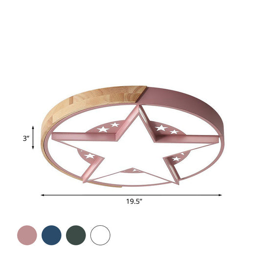Round Metal Led Macaron Flush Mount Ceiling Light In White/Pink/Blue And Wood For Star - Themed