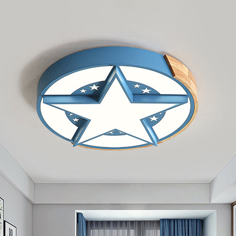 Round Metal Led Macaron Flush Mount Ceiling Light In White/Pink/Blue And Wood For Star-Themed