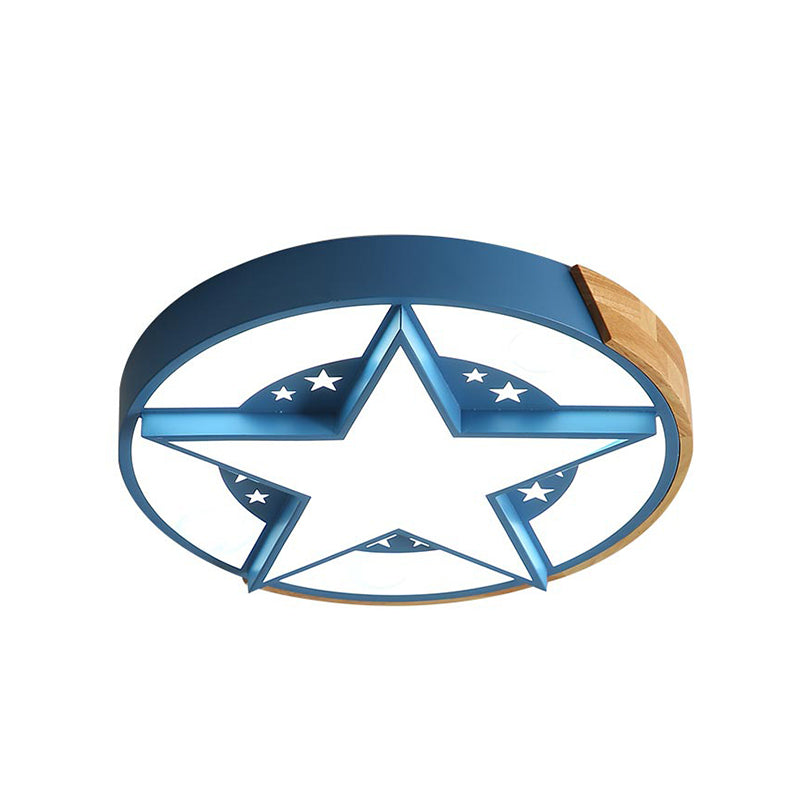 Round Metal Led Macaron Flush Mount Ceiling Light In White/Pink/Blue And Wood For Star - Themed