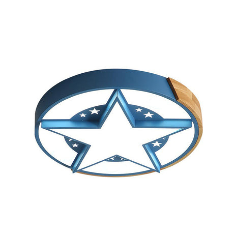 Round Metal Led Macaron Flush Mount Ceiling Light In White/Pink/Blue And Wood For Star-Themed
