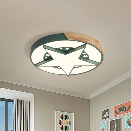 Round Metal Led Macaron Flush Mount Ceiling Light In White/Pink/Blue And Wood For Star-Themed