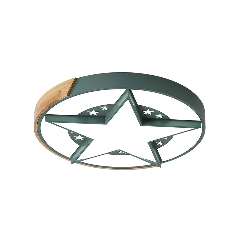 Round Metal Led Macaron Flush Mount Ceiling Light In White/Pink/Blue And Wood For Star - Themed
