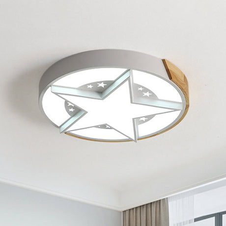 Round Metal Led Macaron Flush Mount Ceiling Light In White/Pink/Blue And Wood For Star-Themed