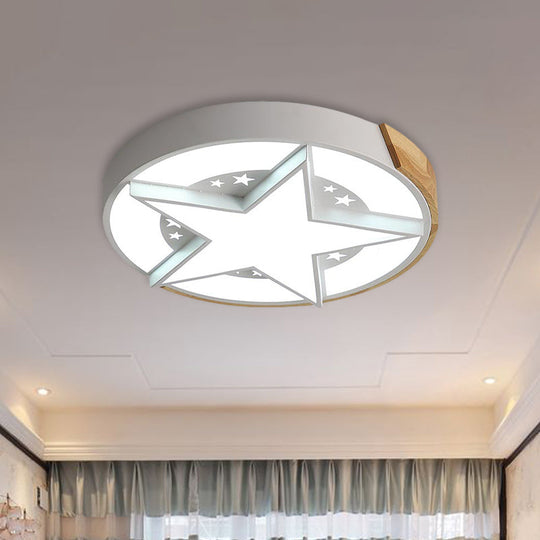 Round Metal Led Macaron Flush Mount Ceiling Light In White/Pink/Blue And Wood For Star - Themed