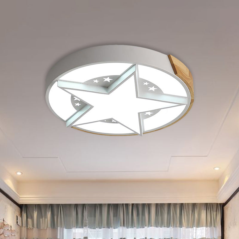 Round Metal Led Macaron Flush Mount Ceiling Light In White/Pink/Blue And Wood For Star-Themed