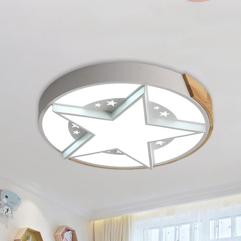 Round Metal Led Macaron Flush Mount Ceiling Light In White/Pink/Blue And Wood For Star-Themed