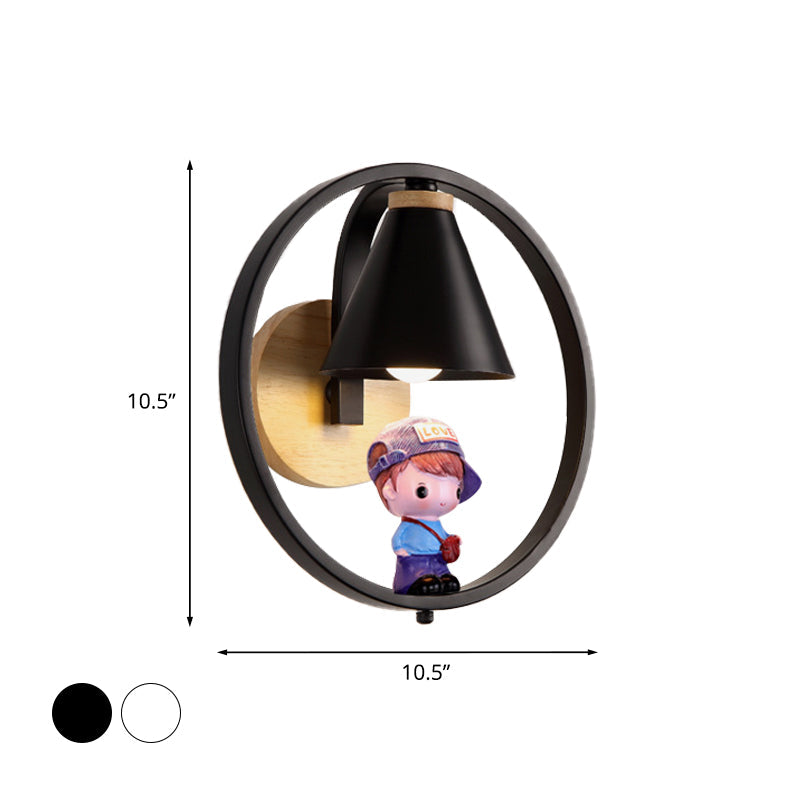 Nordic Metal Cone Shade Wall Lighting - 1 Light Black/White Finish Mount Lamp With Charming Boy Deco