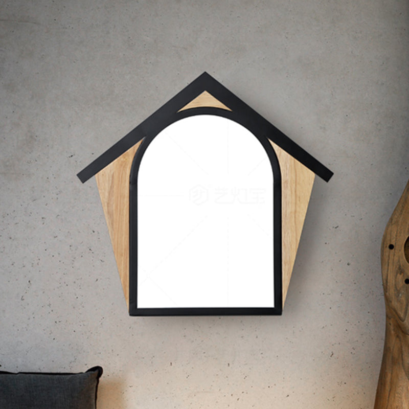 Nordic Wood And Black Metal House Shape Led Sconce For Modern Wall Lighting