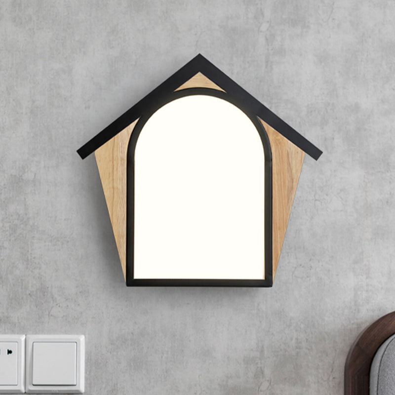 Nordic Wood And Black Metal House Shape Led Sconce For Modern Wall Lighting