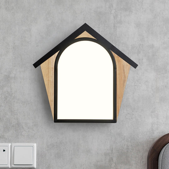 Nordic Wood And Black Metal House Shape Led Sconce For Modern Wall Lighting