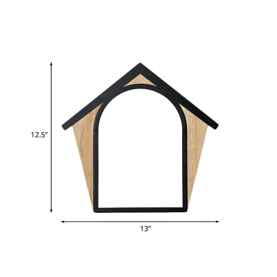 Nordic Wood And Black Metal House Shape Led Sconce For Modern Wall Lighting