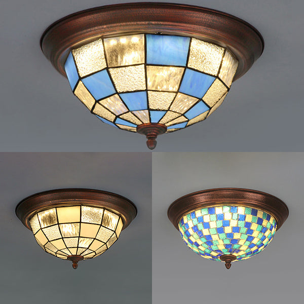 Lodge Stained Glass Bowl Ceiling Light Fixture - 1 Bulb Flushmount In Blue & White