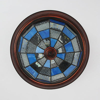 Lodge Stained Glass Bowl Ceiling Light Fixture - 1 Bulb Flushmount In Blue & White