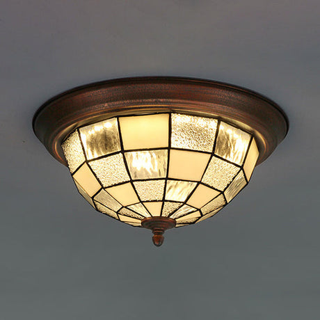 Lodge Stained Glass Bowl Ceiling Light Fixture - 1 Bulb Flushmount In Blue & White