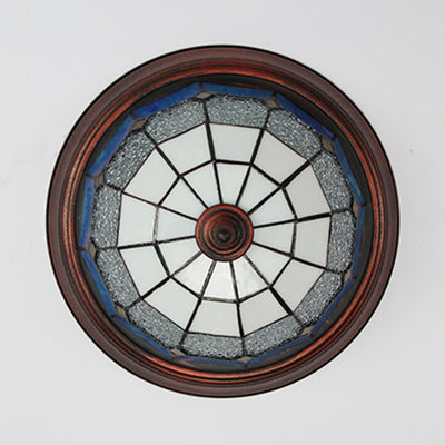 Lodge Stained Glass Bowl Ceiling Light Fixture - 1 Bulb Flushmount In Blue & White