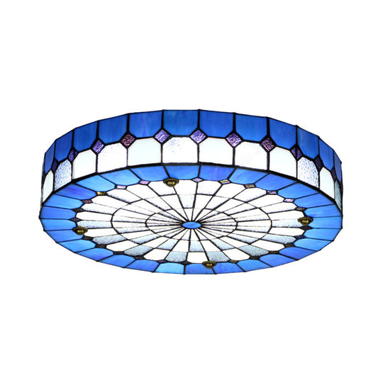 Blue Rustic Stained Glass Flushmount Ceiling Light - Round Design For Bedroom