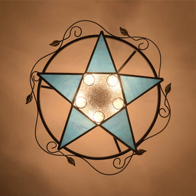 Tiffany Vintage Stained Glass 5 Pointed Star Ceiling Light - Semi Flush Mount In Multi-Color Blue