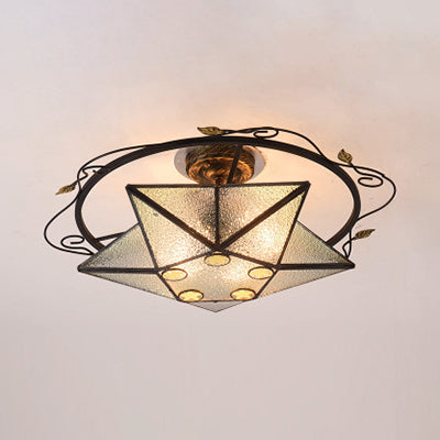 Tiffany Vintage Stained Glass 5 Pointed Star Ceiling Light - Semi Flush Mount In Multi-Color Clear