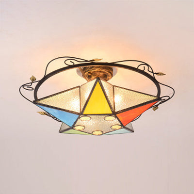 Tiffany Vintage Stained Glass 5 Pointed Star Ceiling Light - Semi Flush Mount In Multi-Color