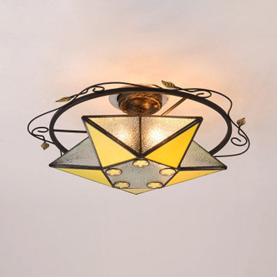 Tiffany Vintage Stained Glass 5 Pointed Star Ceiling Light - Semi Flush Mount In Multi-Color Yellow