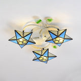 Modern Tiffany Stained Glass Flush Mount Ceiling Light With 3 Star-Shaped Heads In Vibrant