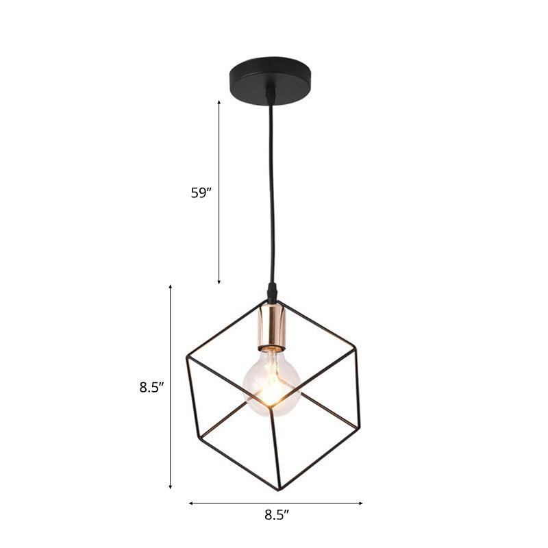 Retro-Style Black Metal Cage Ceiling Fixture For Living Room With 1 Squared Light