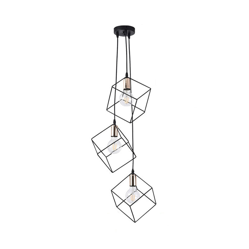 Industrial Black Metal Pendant Lighting: Square Suspension Light With 3 Lights For Foyer