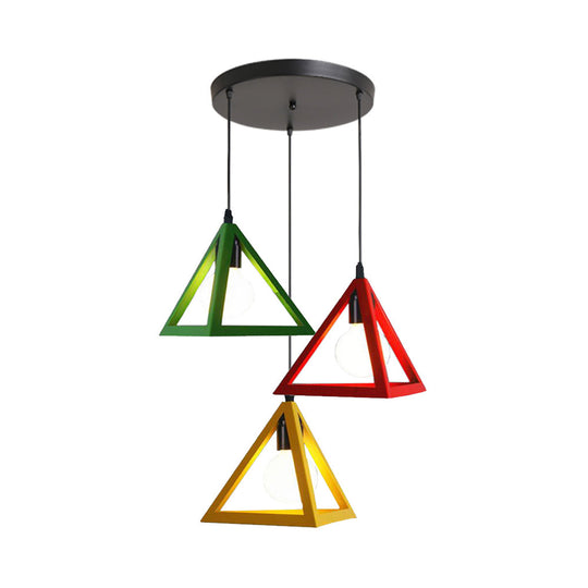 Retro Industrial Hanging Lamp With 3 Triangle Metallic Heads And Wire Guard In Black/White