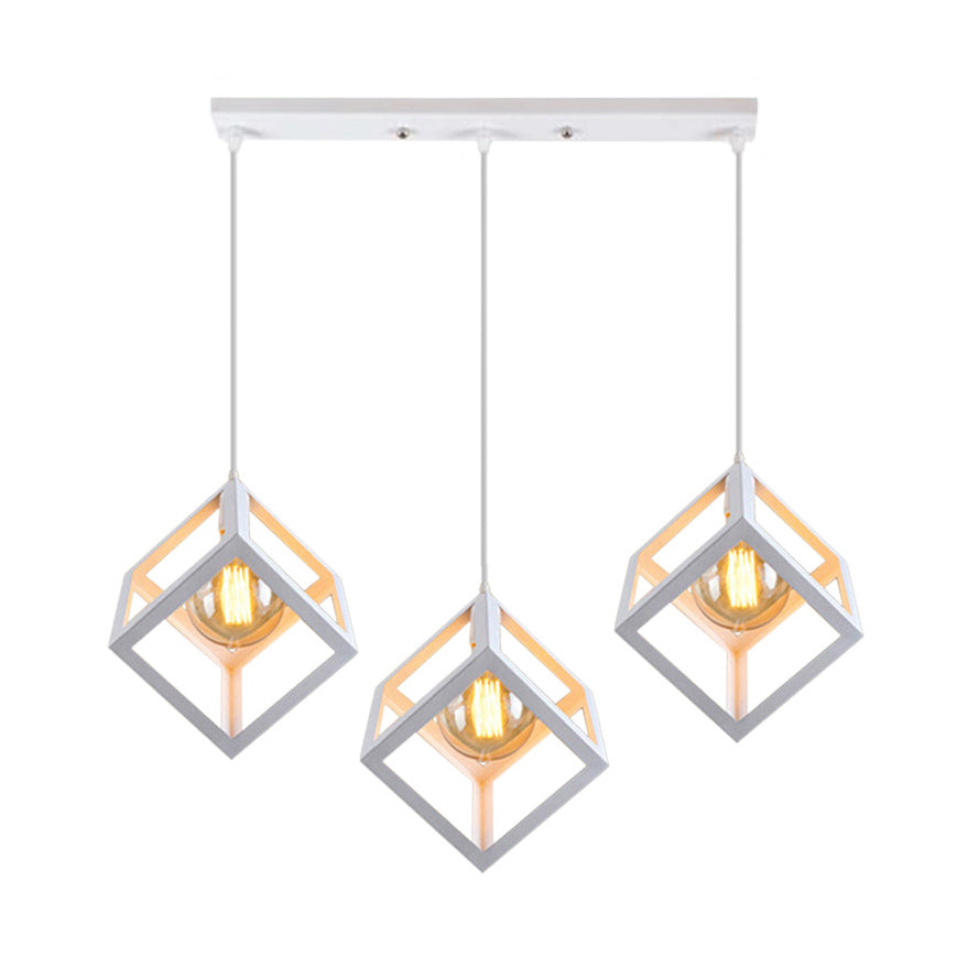 Metal Industrial Pendant Light With Wire Cage Shade - 3 Bulbs Black/White Living Room Ceiling Lamp