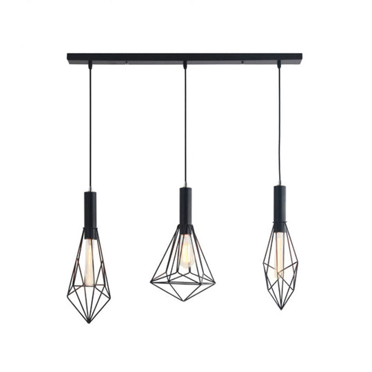 Retro Style Polygon Ceiling Light With Cage Shade - 3 Lights Black Metallic