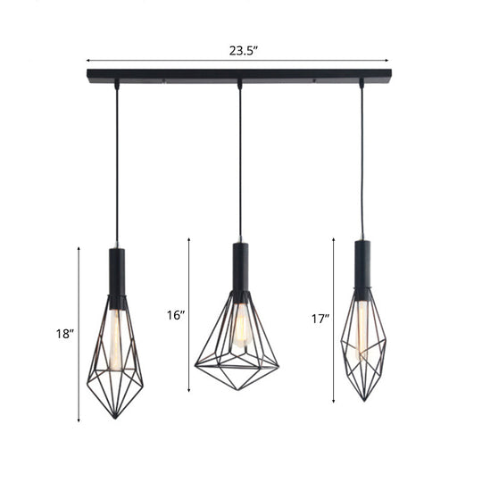 Retro Style Polygon Ceiling Light With Cage Shade - 3 Lights Black Metallic