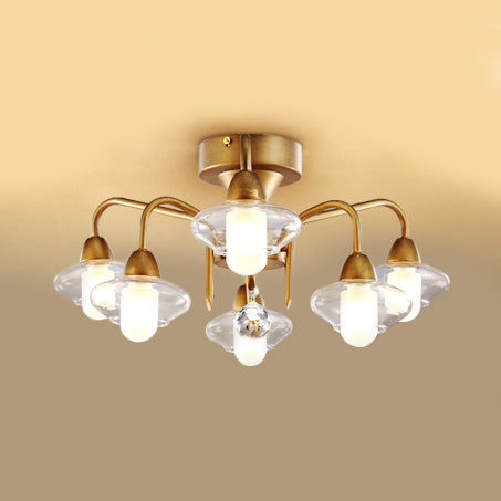 Frosted White Glass Semi Flush-Elliptical Modern Light Fixture With 6 Brass Bulbs For Bedrooms
