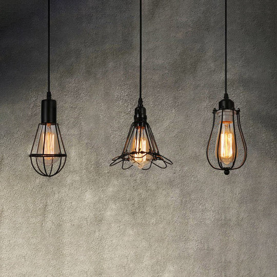 Farmhouse Black Metallic Pendant Light With Cage Design - 3 Lights