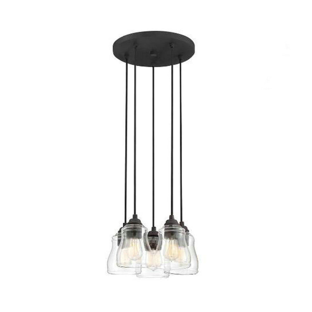 Rustic 5-Light Clear Glass Multi Pendant Hanging Light For Dining Room With Curved Shade And Round