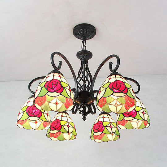 Stunning Red Rose Chandelier With Lodge Style Dome Shade - 6-Light Glass Pendant For Stairway