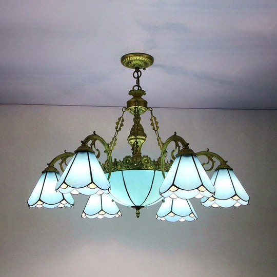Konische Vintage-Pendelleuchte mit blauem Glasschirm für traditionelles Wohnzimmer