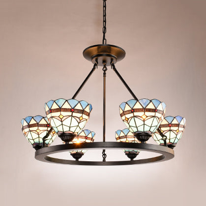Blue Glass Baroque Chandelier - Antique Bronze Bowl Hanging Lamp With 6 Lights For Dining Room