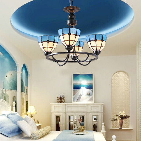Mediterranean Chandelier Blue Glass Ceiling Light With 4 Hanging Lights For Bedroom