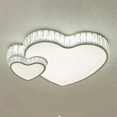Modern White Double Heart Led Flushmount Light With Clear Crystal Deco – Stylish Acrylic Ceiling