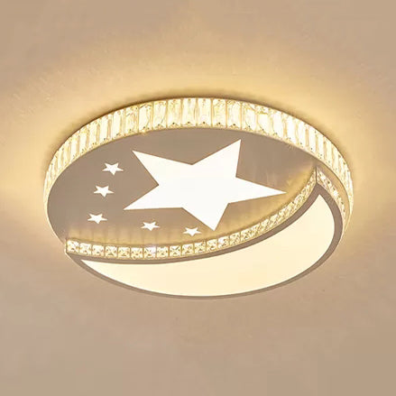 White Star And Moon Ceiling Light – Crystal Accent Acrylic Led Lamp For Study Room