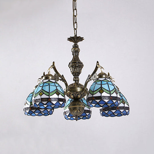Blue Baroque Dome Stained Glass Chandelier - 5 Light Suspension Lamp For Living Room