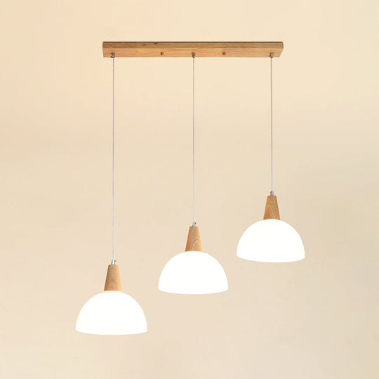 Contemporary Milk Glass Dome Hanging Lamp - 3 Light Indoor Pendant With White Wooden Cap