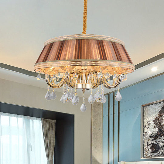 Modern Khaki Drum Ceiling Chandelier With Crystal Droplet - 8 Heads Pleated Fabric Hanging Lighting