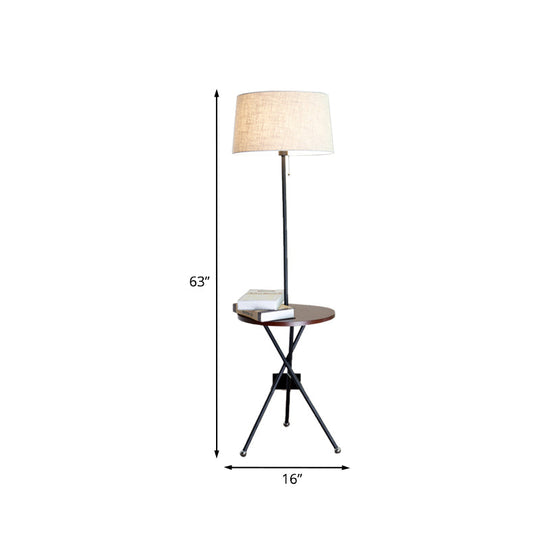 Modern Drum Floor Lamp For Living Room - Single Light Standing In Flaxen Fabric