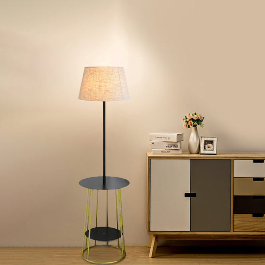 Modernist Fabric Barrel Shade Standing Table Lamp - Single Black & Gold Finish With Pull Chain