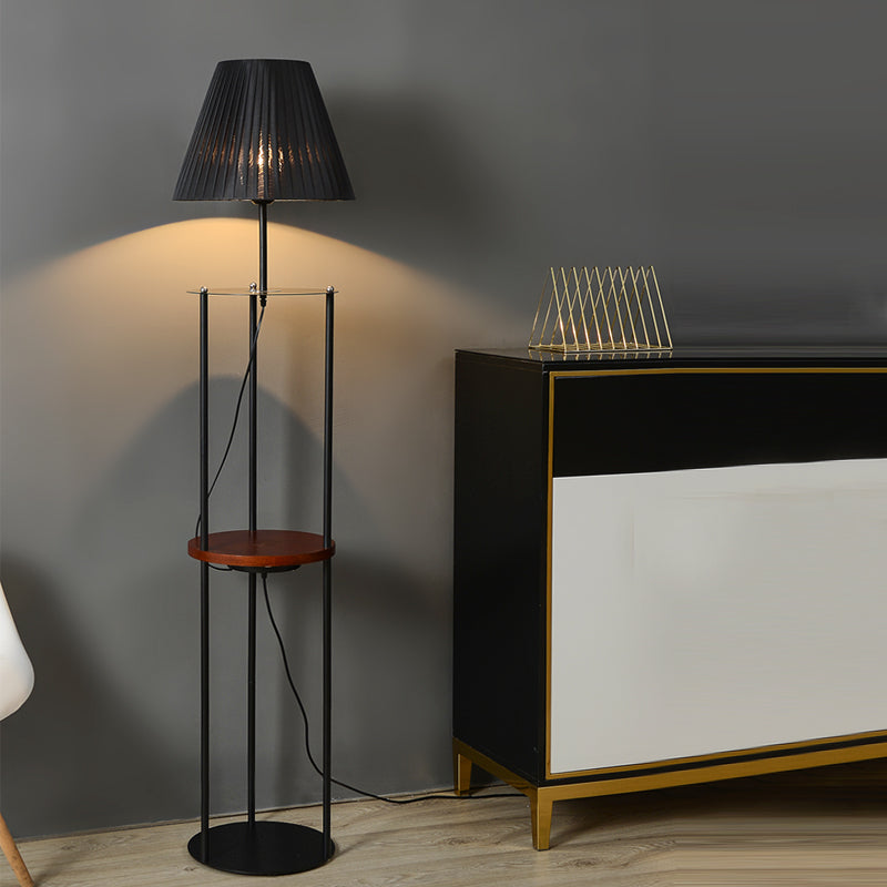 Contemporary Pleated Fabric Conic Floor Table Lamp - 1 Light Black Standard Design For Bedside