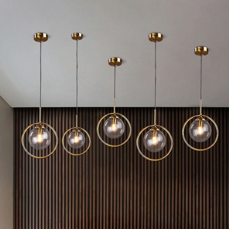 1-flammige Pendelleuchte mit Glaskugel und Ringrahmen – postmodernes Design