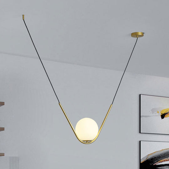 Modern Gold Glass Pendant Light With Led And V-Shaped Rod For Dining Room