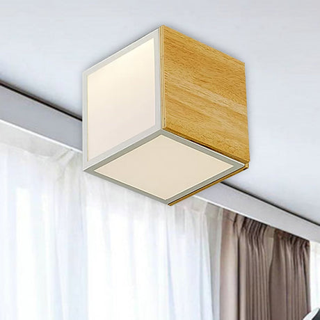 Modern Chinese Led Flush Mount Light - Wooden Box Design With Warm/White